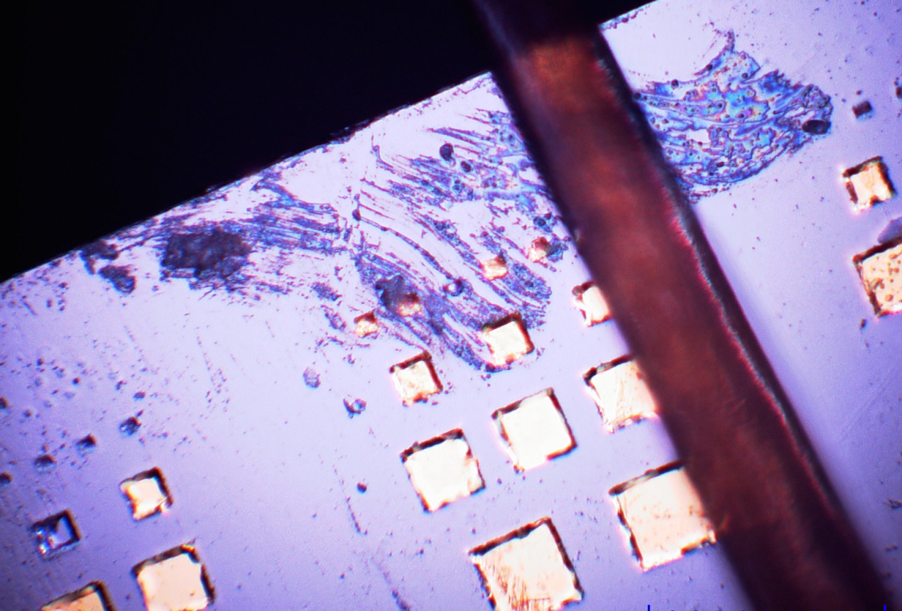 Kvadratinės kvantinės supergardelės ir žmogaus plaukas, padėtas dešinėje. Dokt. Vladislavo Čižo / FTMC nuotrauka